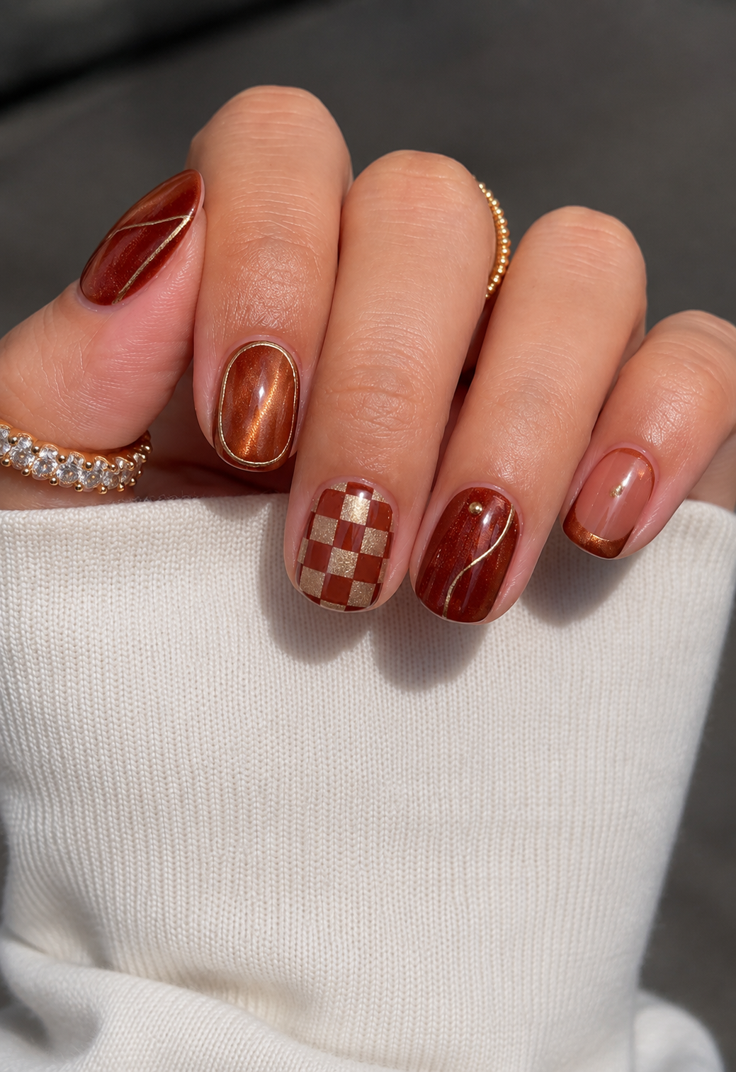 Rust Velvet Checkerboard Nails