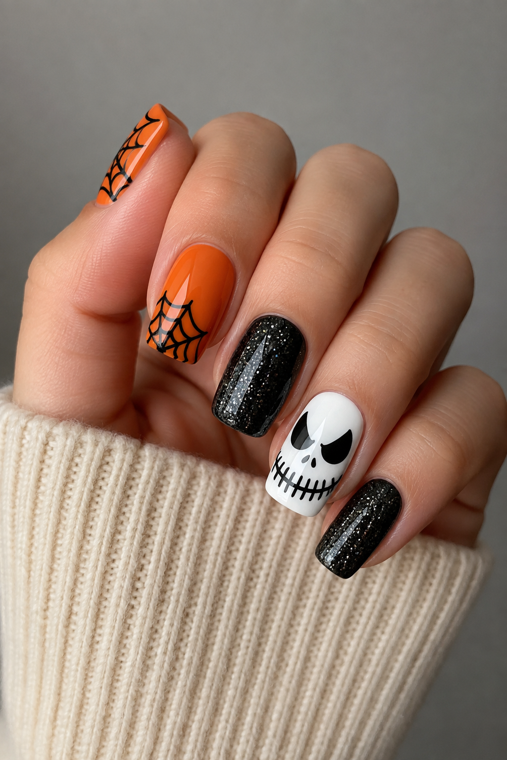 Skeleton Face & Web Mix Nails