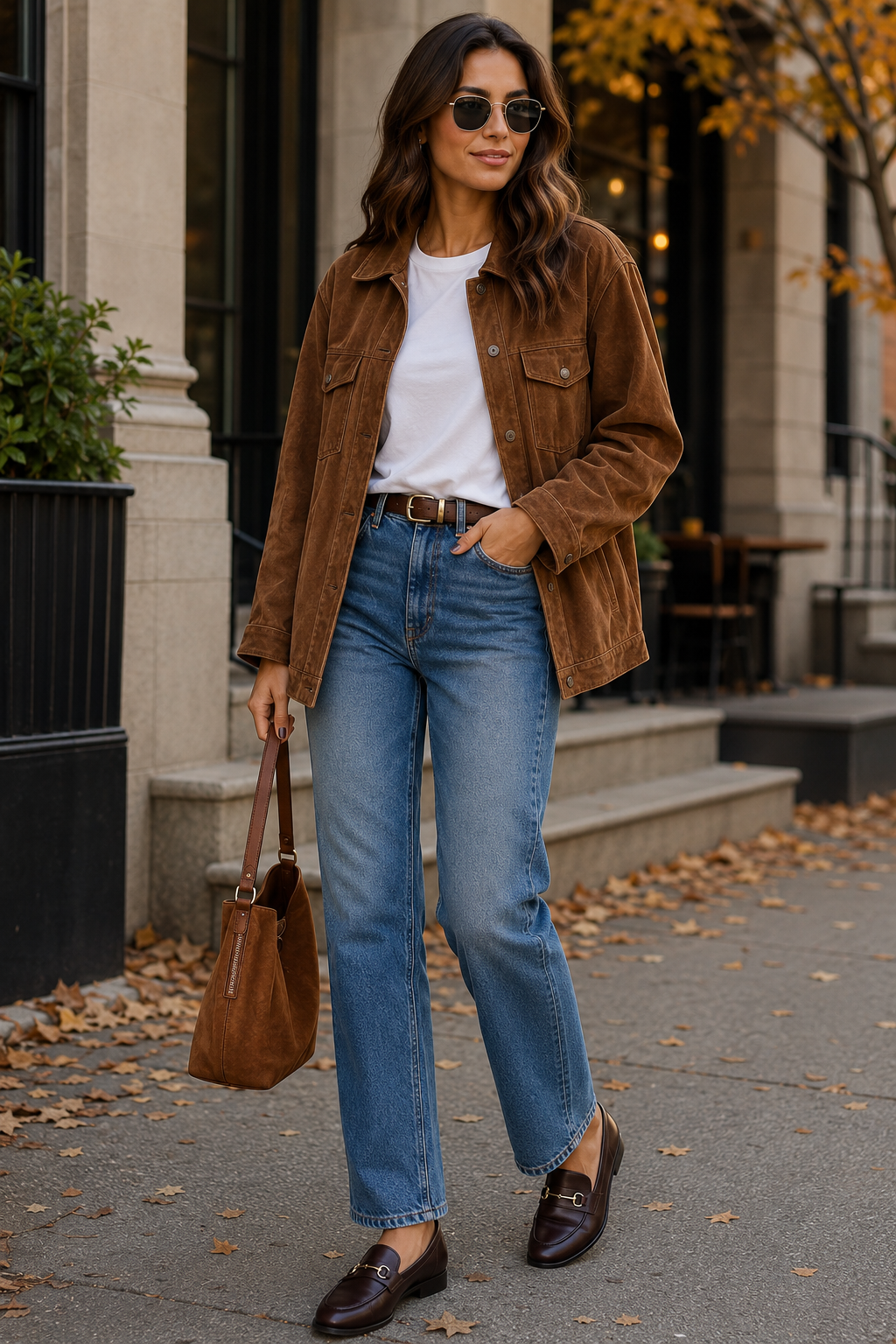 Suede Jacket With White Tee and Denim