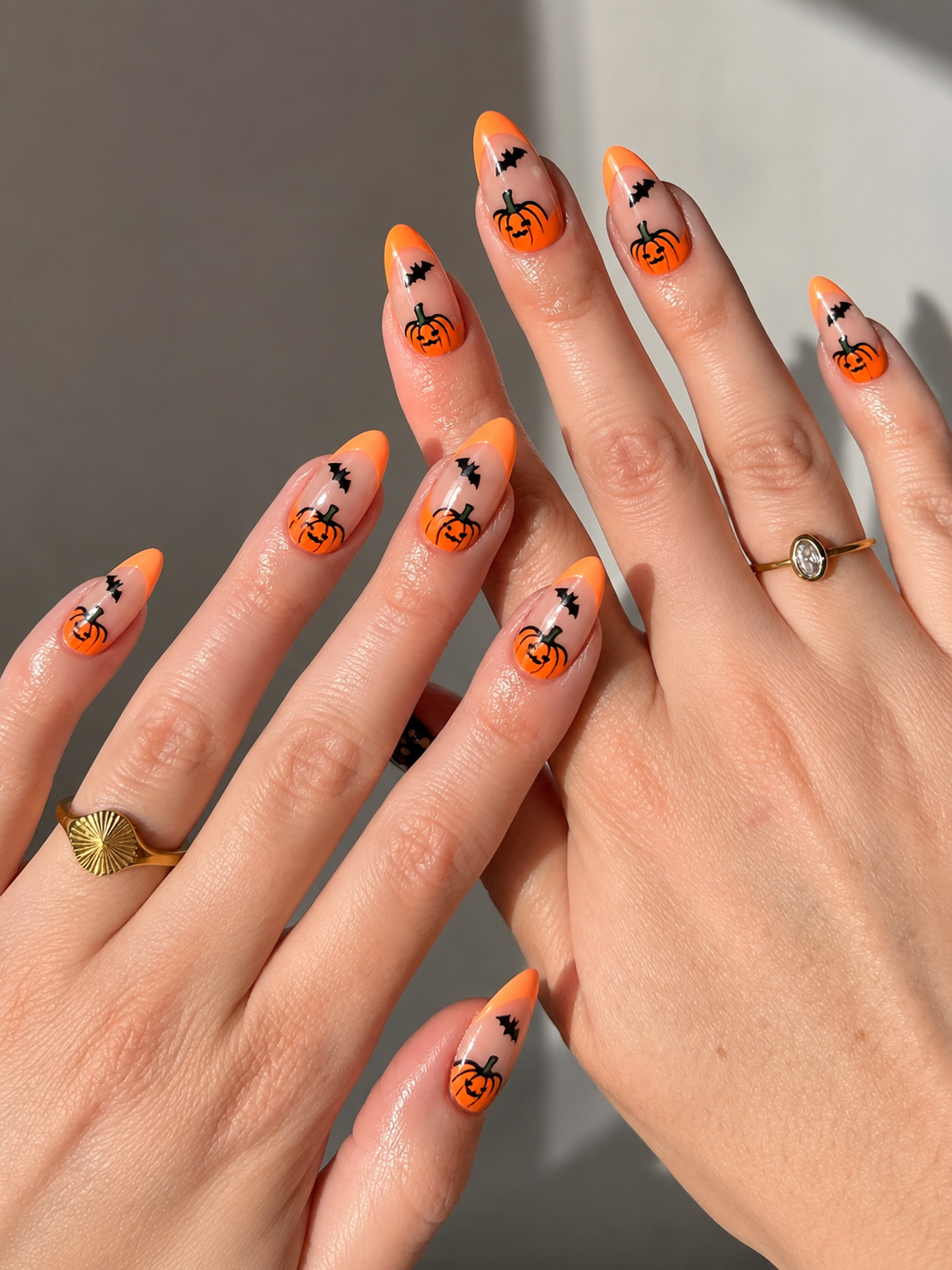 bat french tip pumpkin nail ideas for halloween