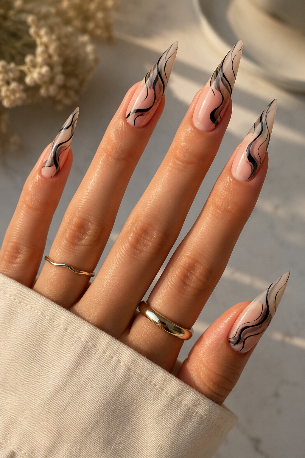 Abstract Ink Wave Stiletto Nails