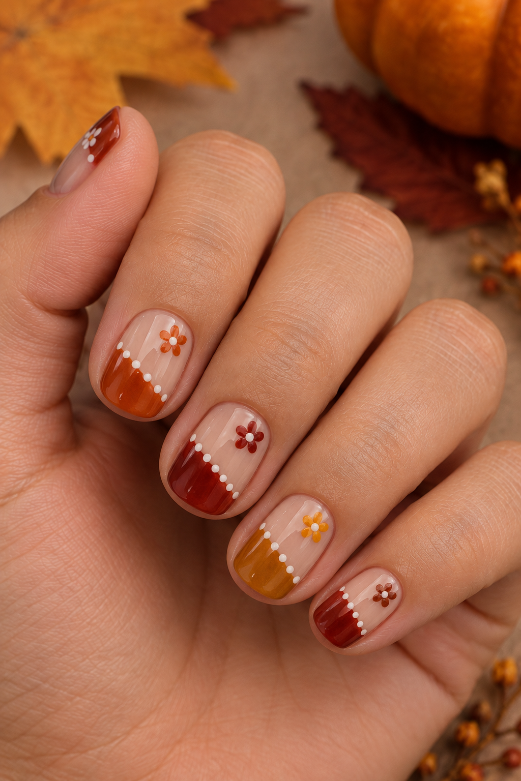 Autumn Daisy Dot Nails
