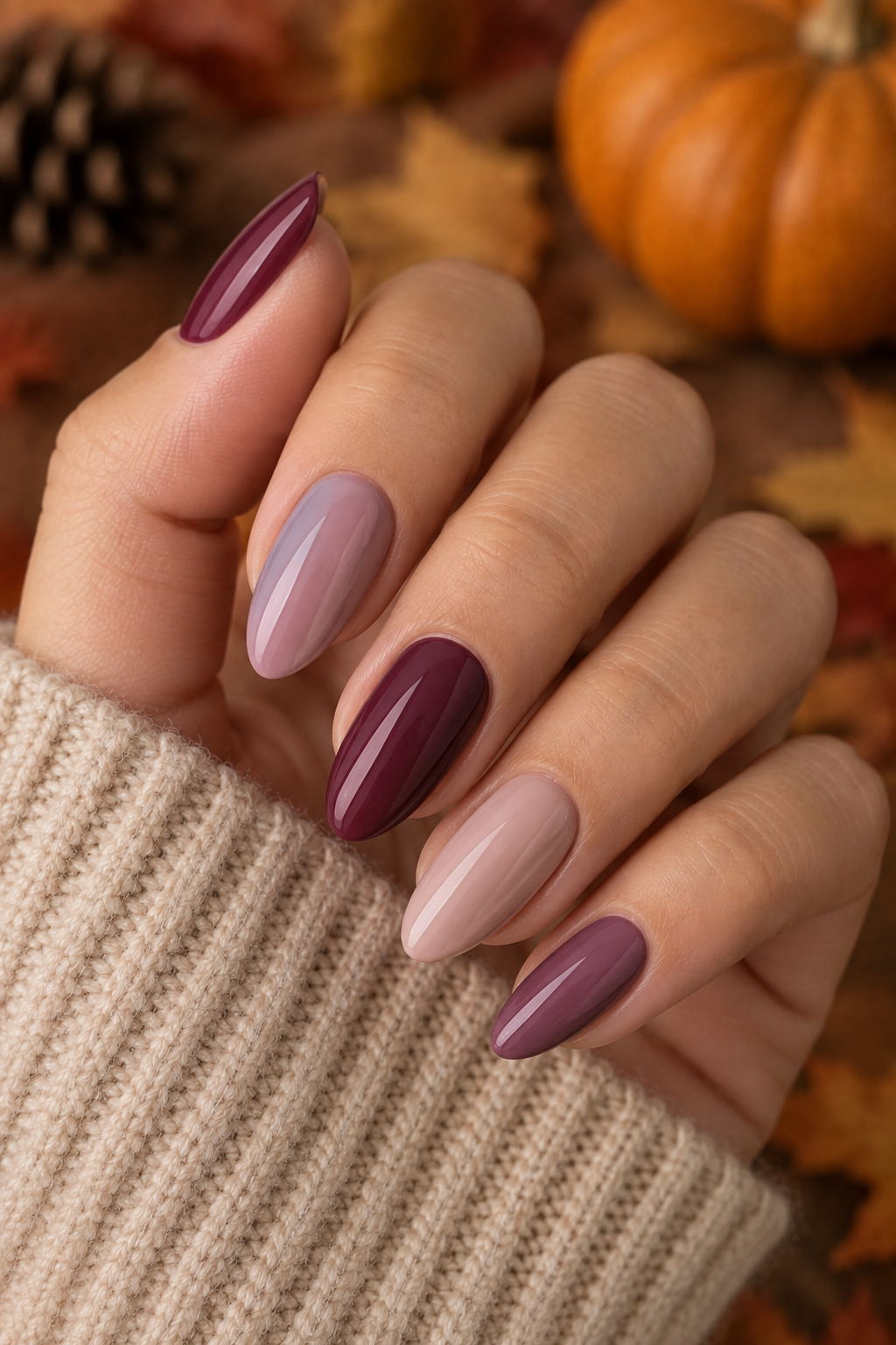 Berry and Mauve Mismatched Nails