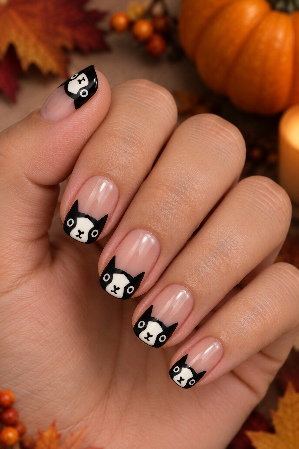 Black Cat French Tip Halloween Nails