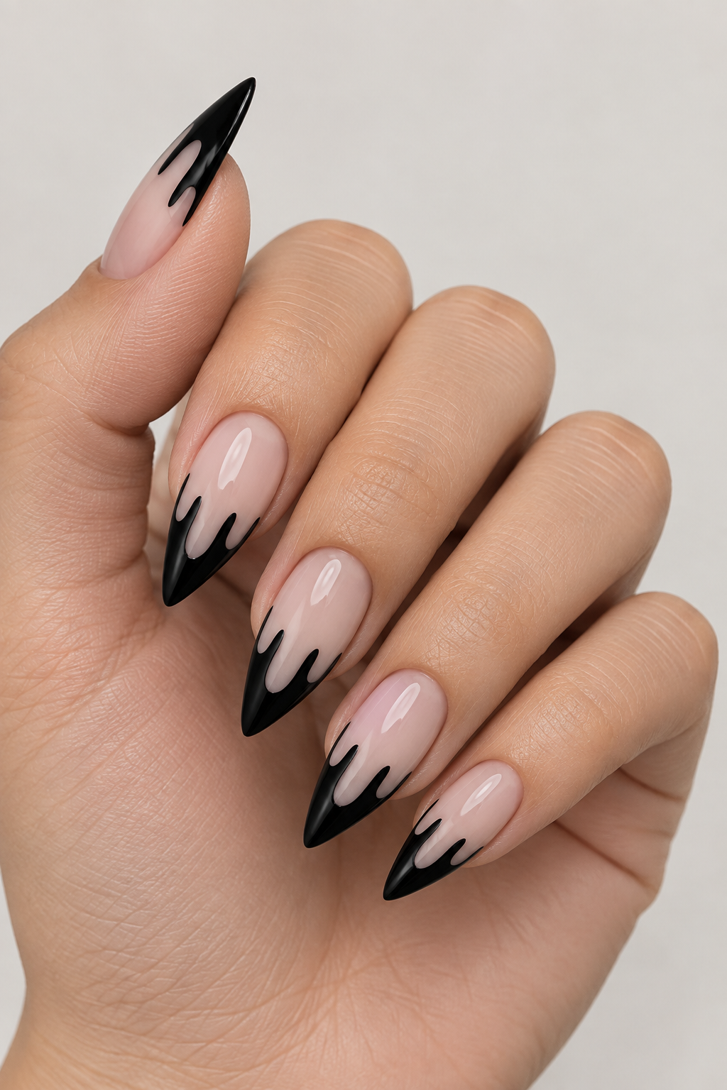 Black Dripping French Almond Nails