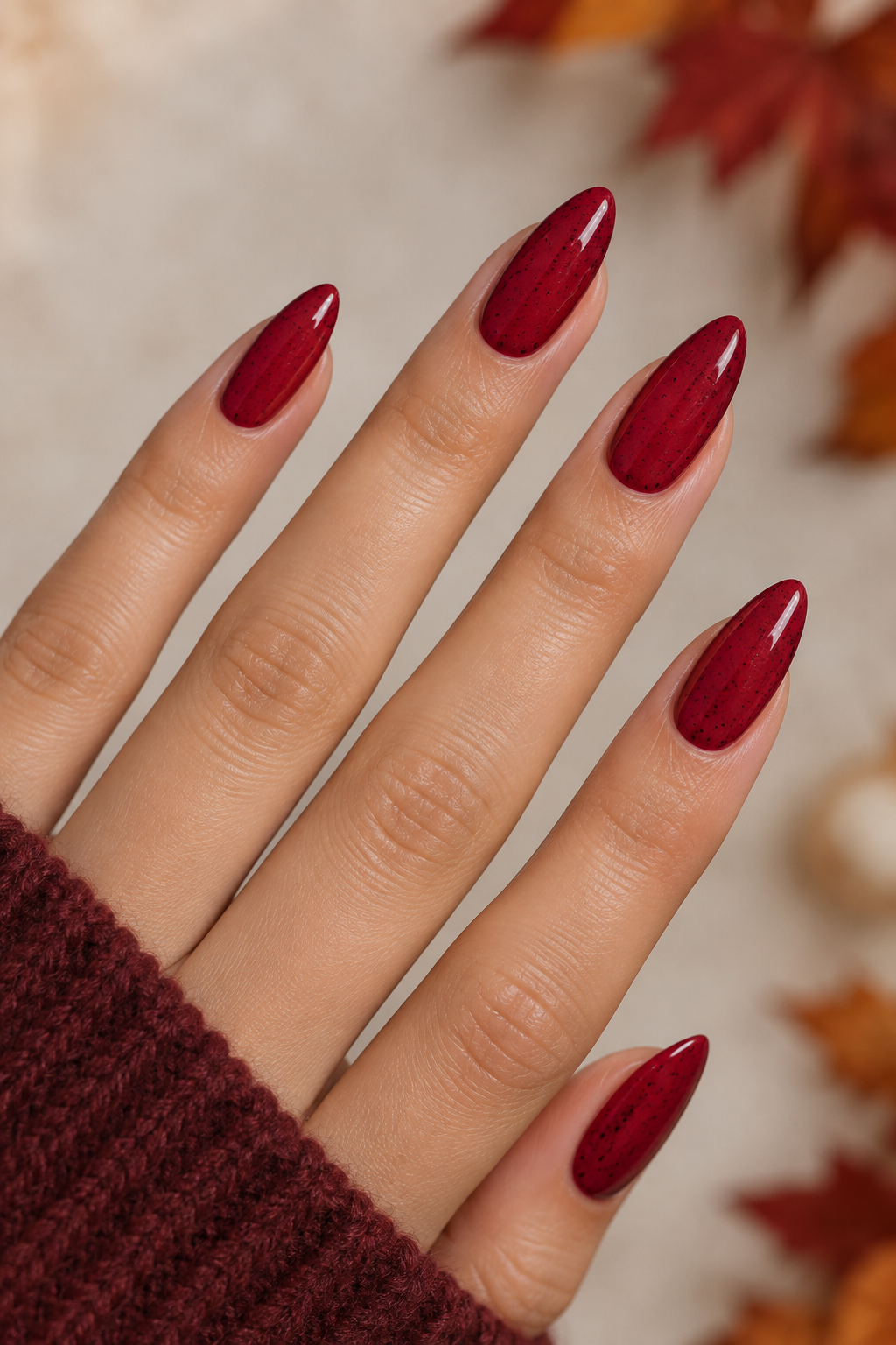 Black Speckled Burgundy-Red Almond Nails