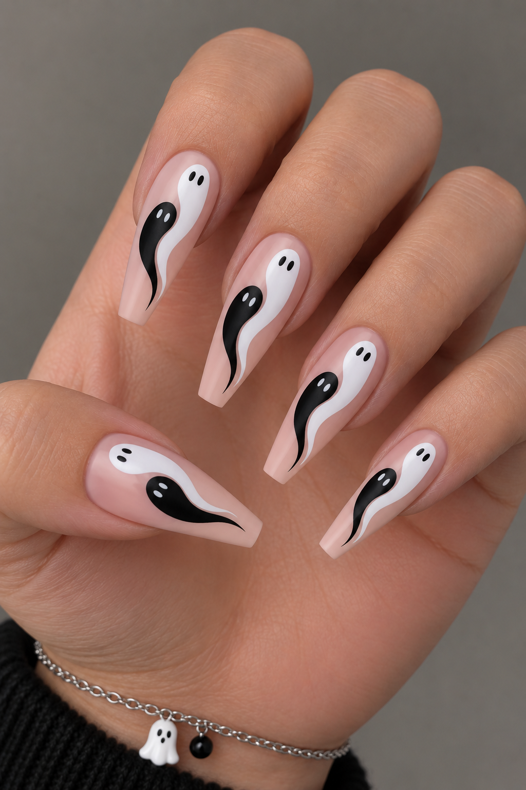 Black & White Ghost Yin-Yang Nails