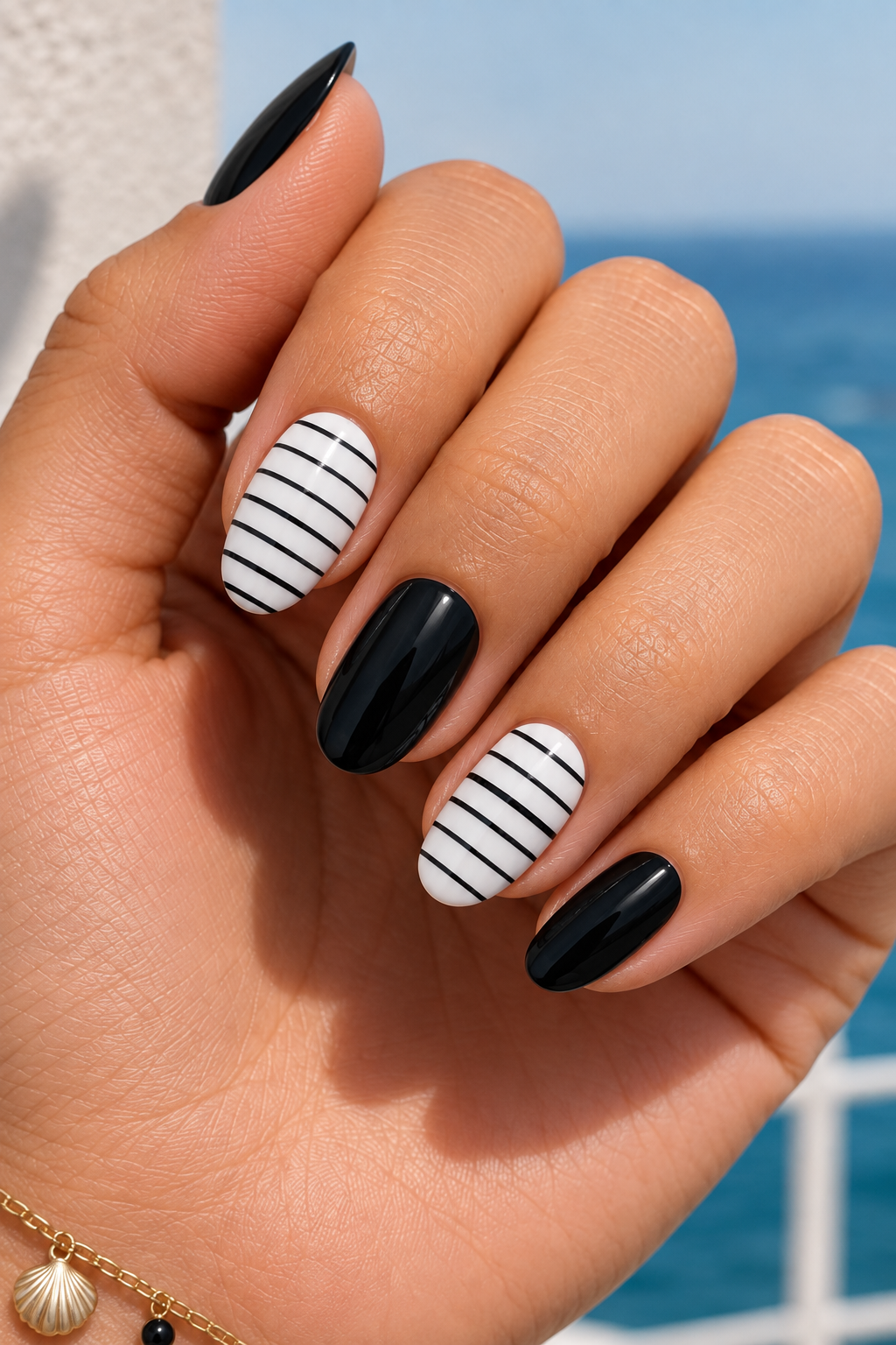 Black & White Striped Almond Nails