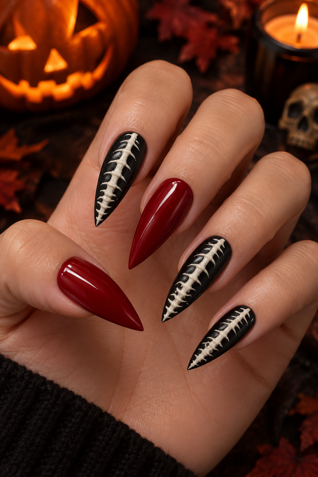 Blood-red and black stiletto nails