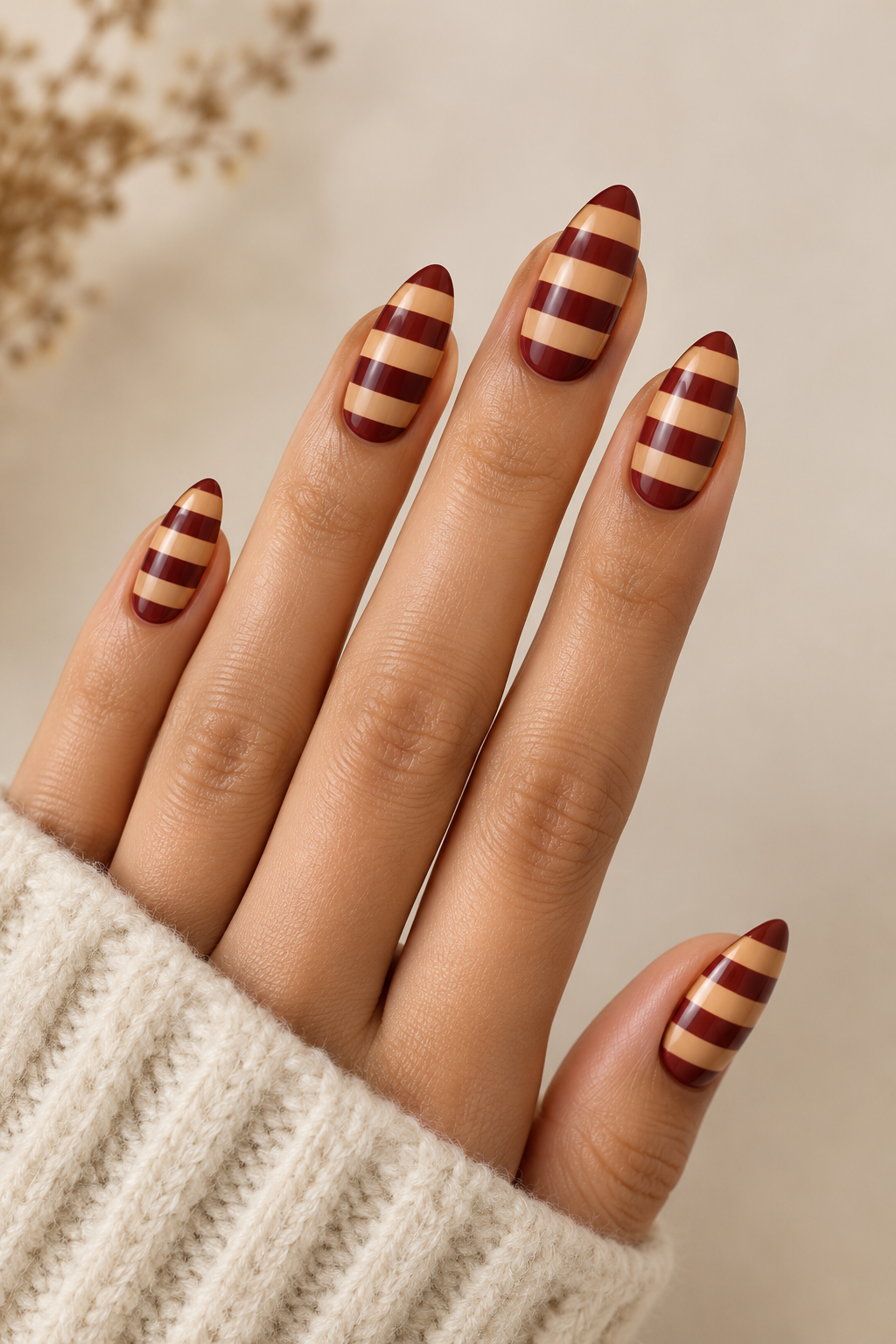 Burgundy & Cream Striped Nails