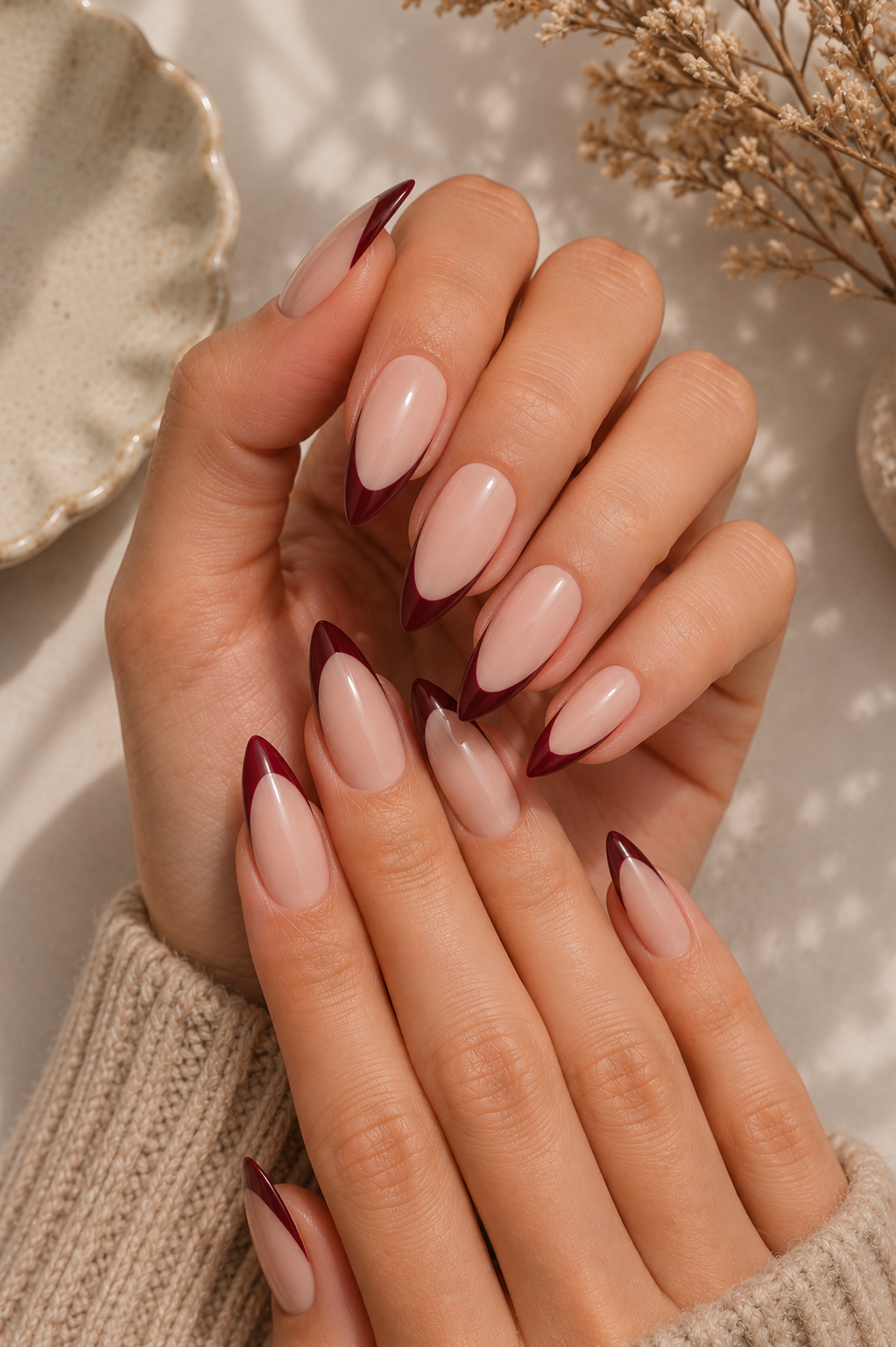 Burgundy French Tip Stiletto Nails