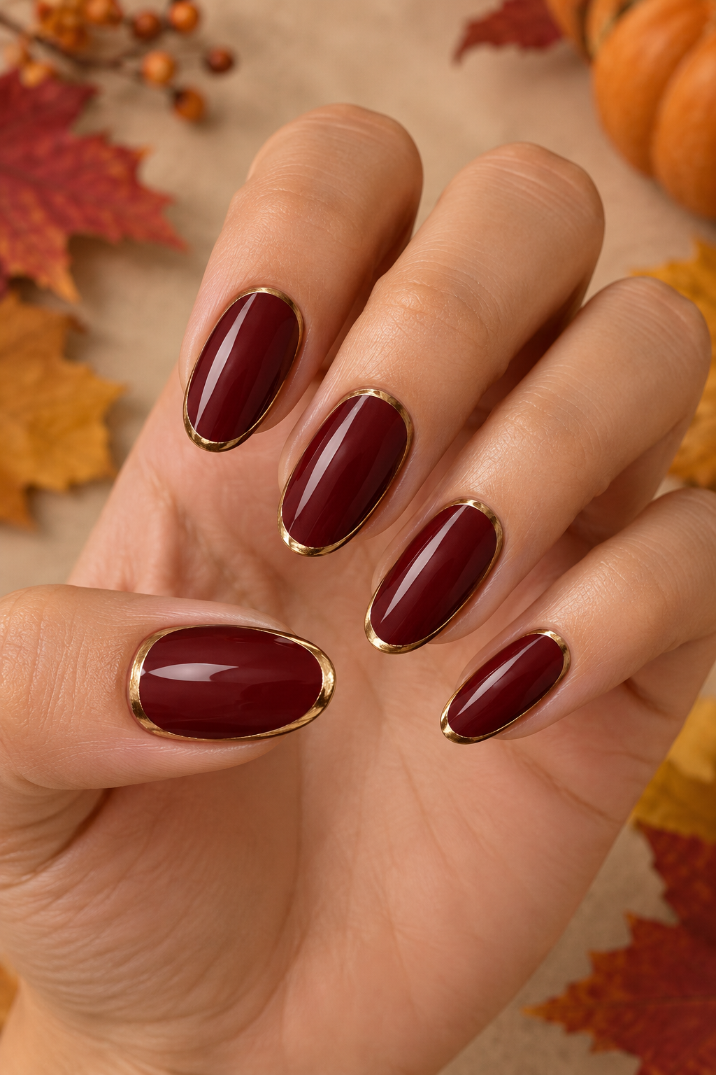 Burgundy Gold-Edged Nails
