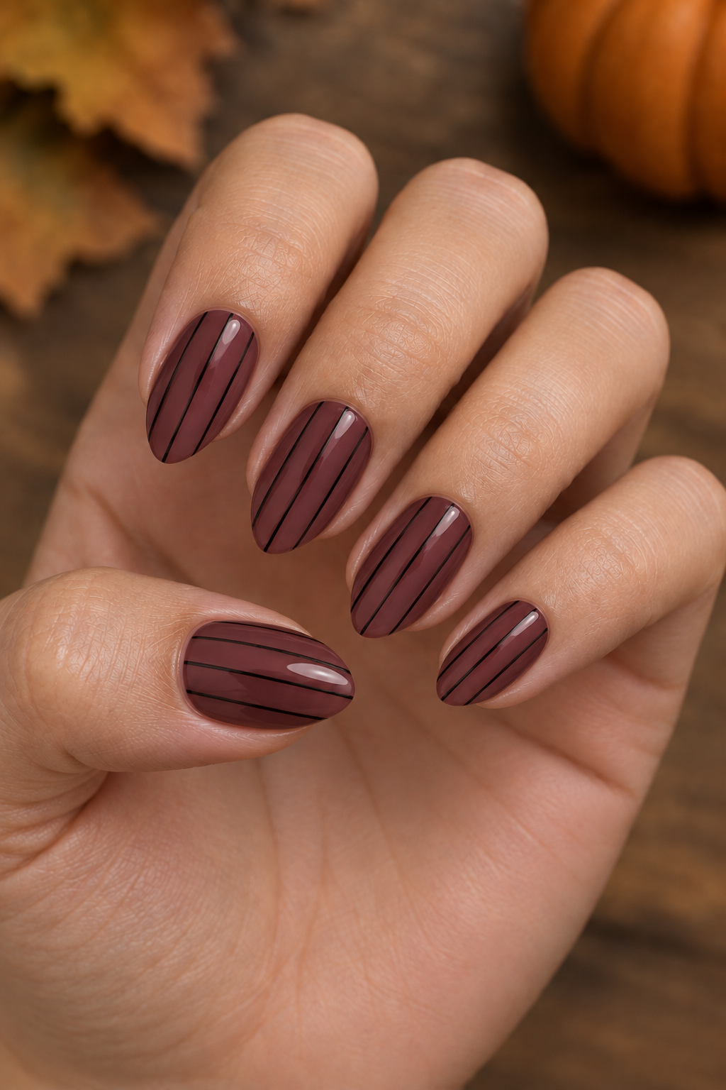 Burgundy Pinstripe Nails