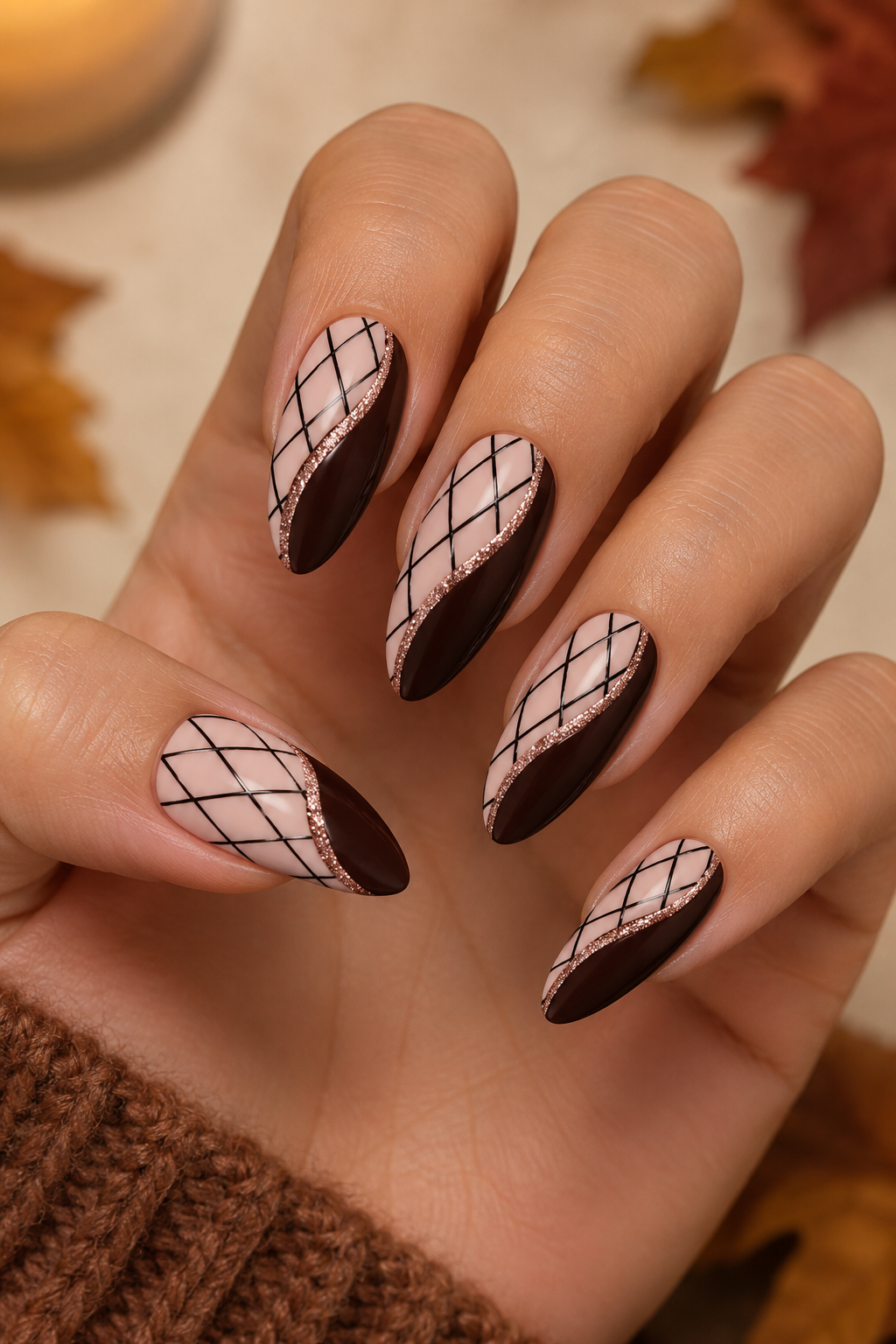 Burgundy and Nude Geometric Fall Nails