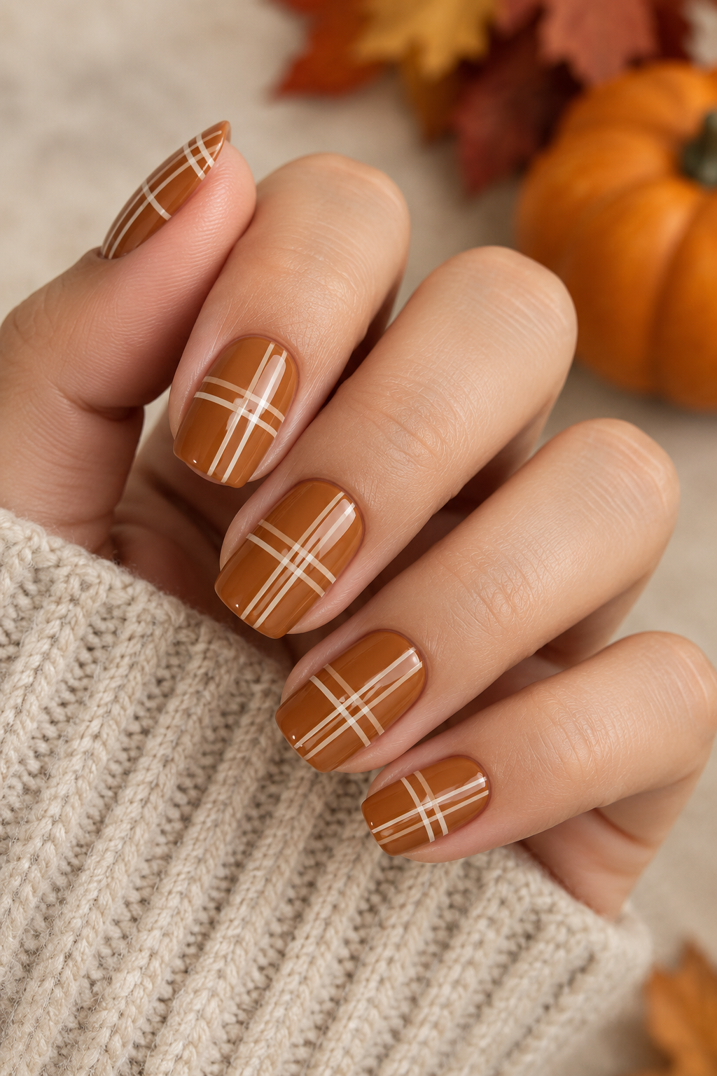 Burnt Orange & Cream Plaid Nails