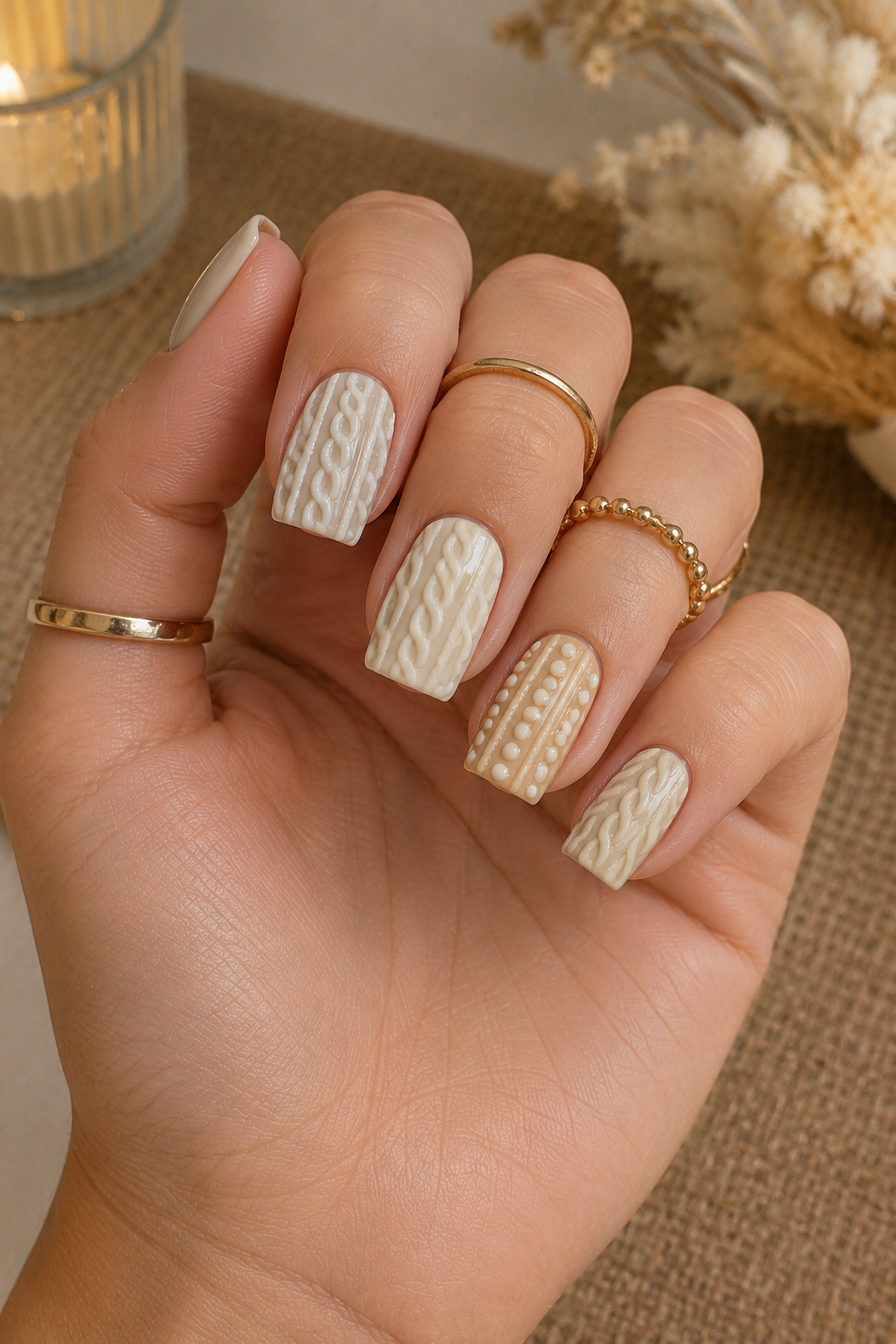 Cable and Pearl Knit Sweater Nails