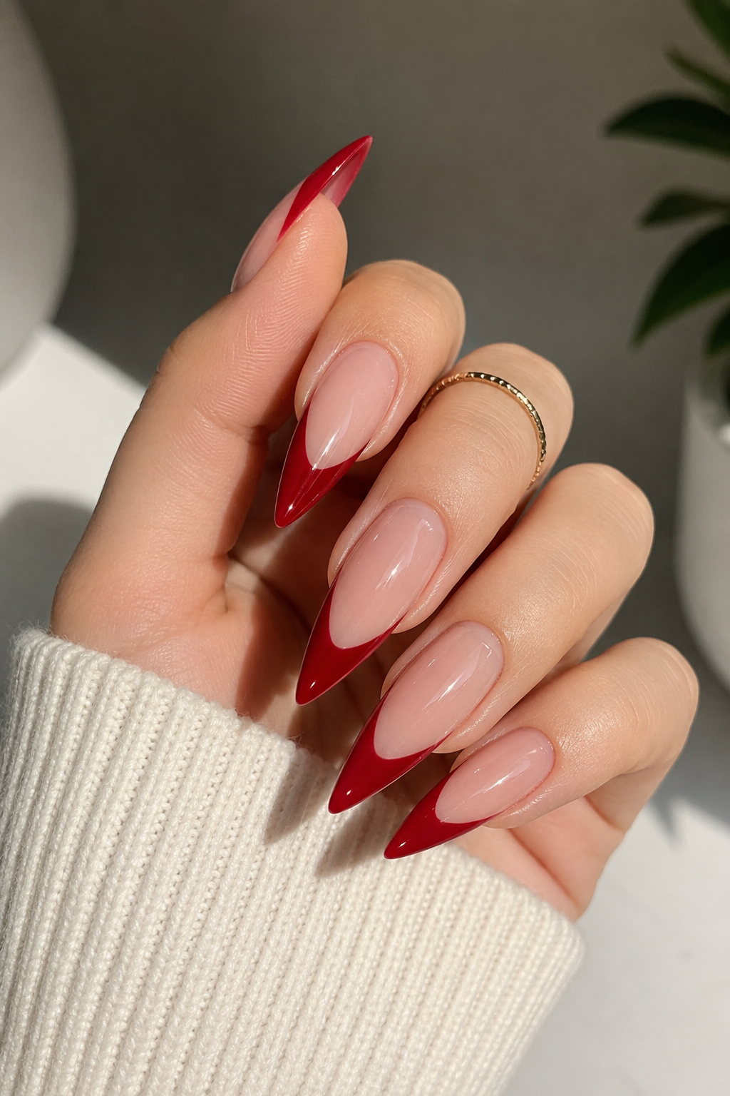 Cherry Red French Tip Stiletto Nails