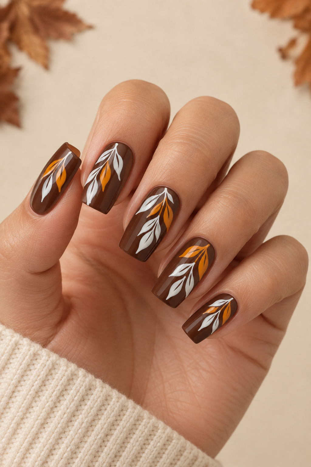 Chocolate Brown & Copper Botanical Leaf Nails