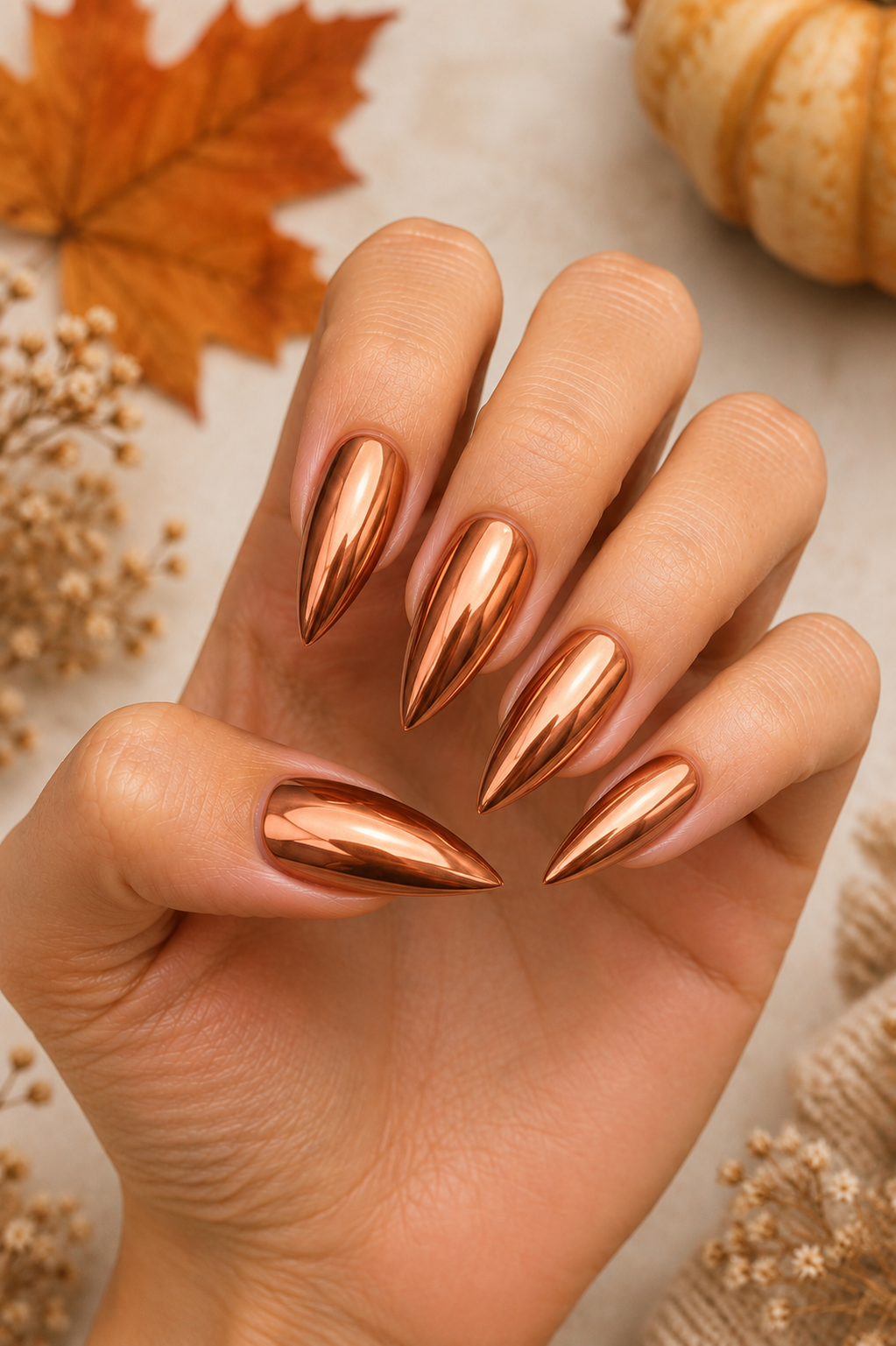 Copper Chrome Stiletto Nails