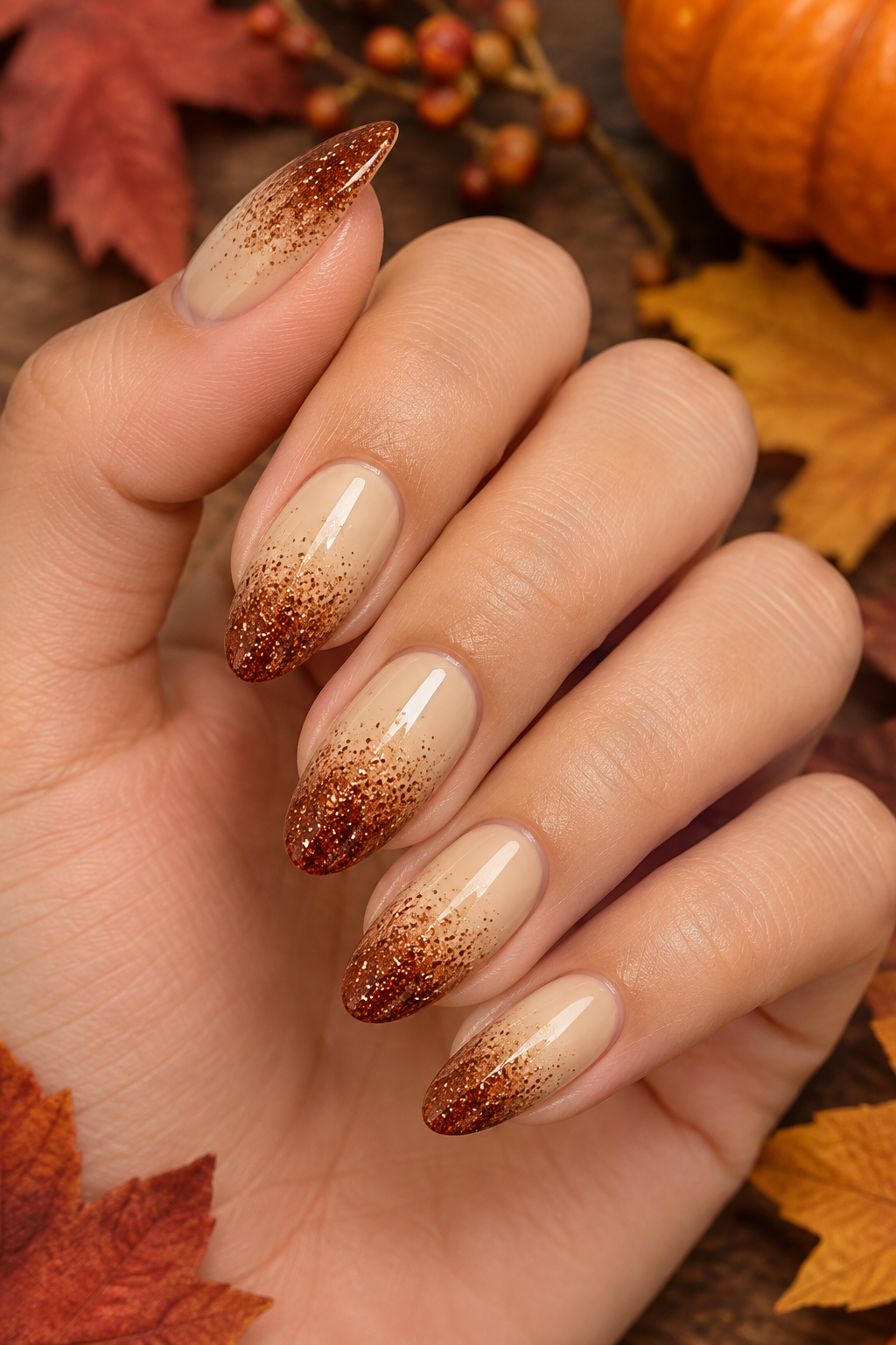 Copper Glitter Ombre Almond Nails