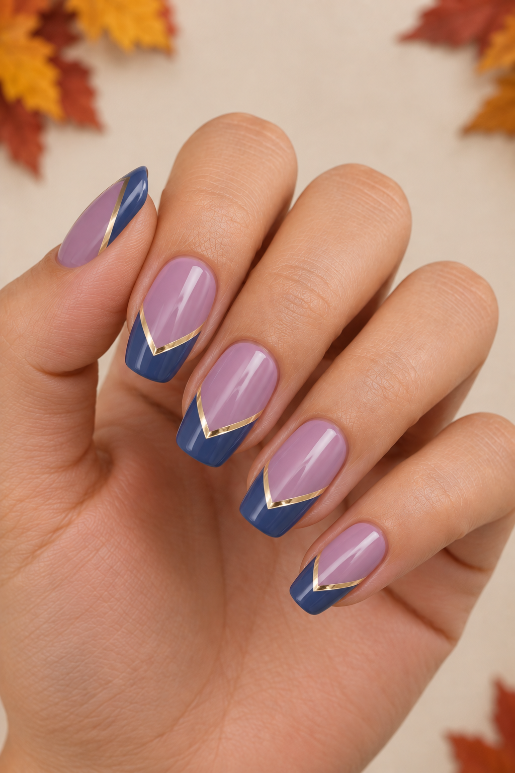 Dusty Lavender & Slate Blue Gold-Chevron Fall Nails