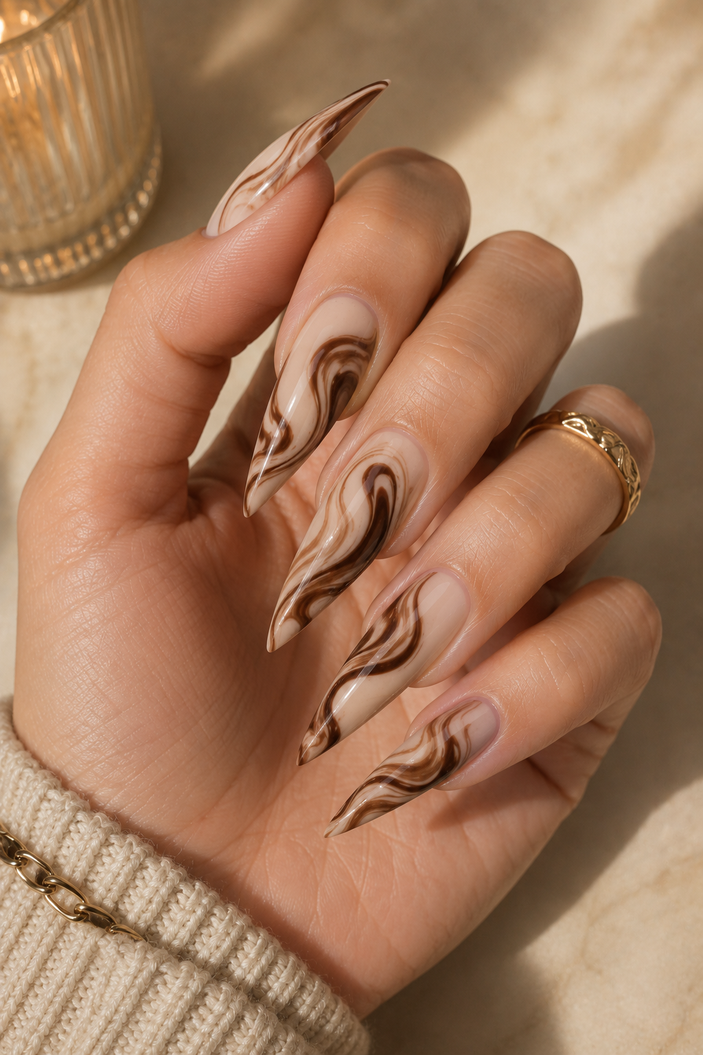 Espresso Swirl Stiletto Nails
