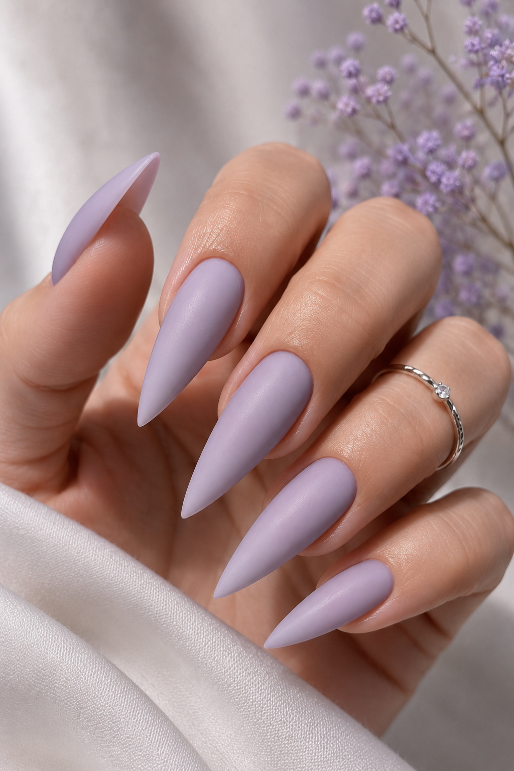 Frosted Lavender Stiletto Nails