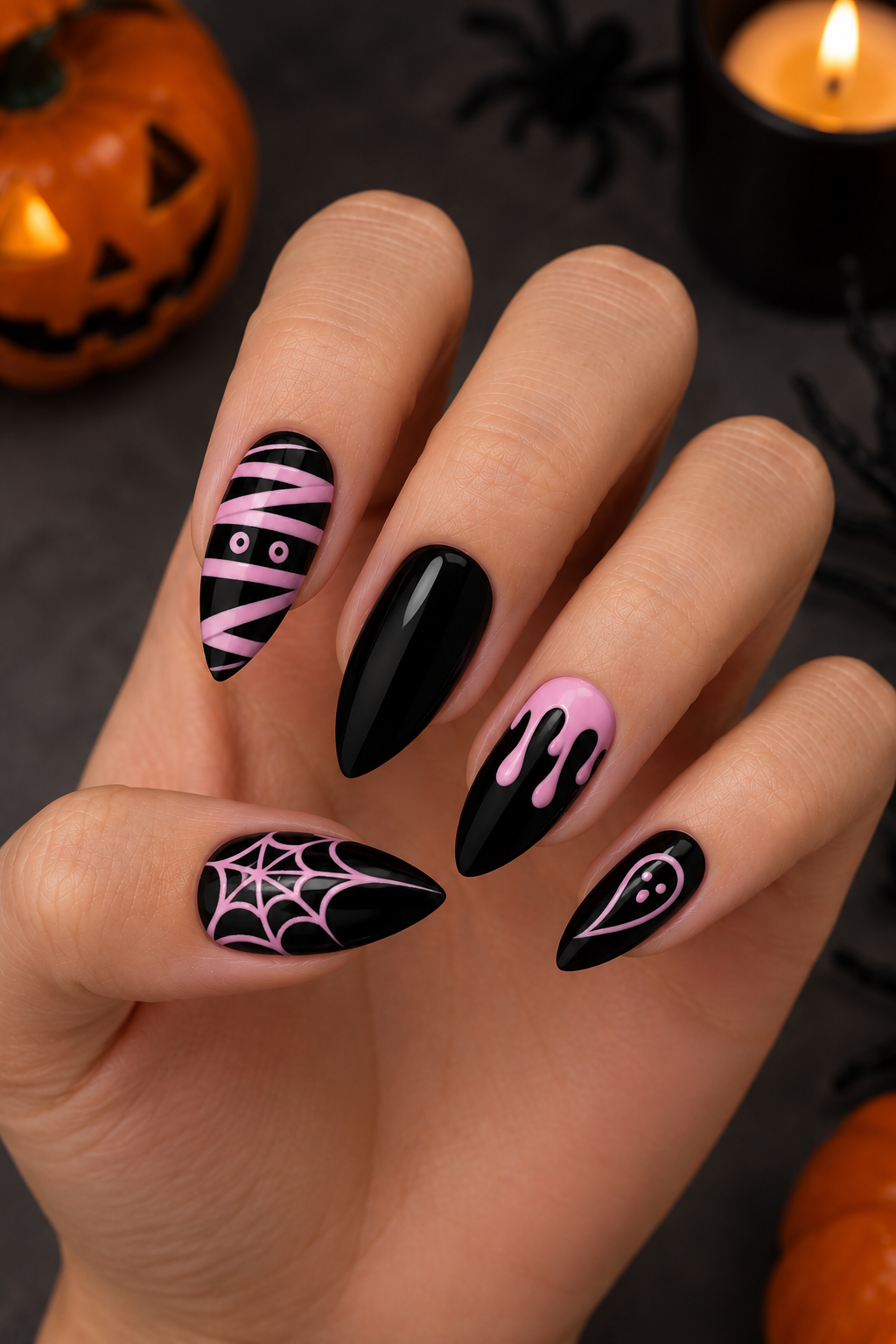 Fun Halloween Pink & Black Nails