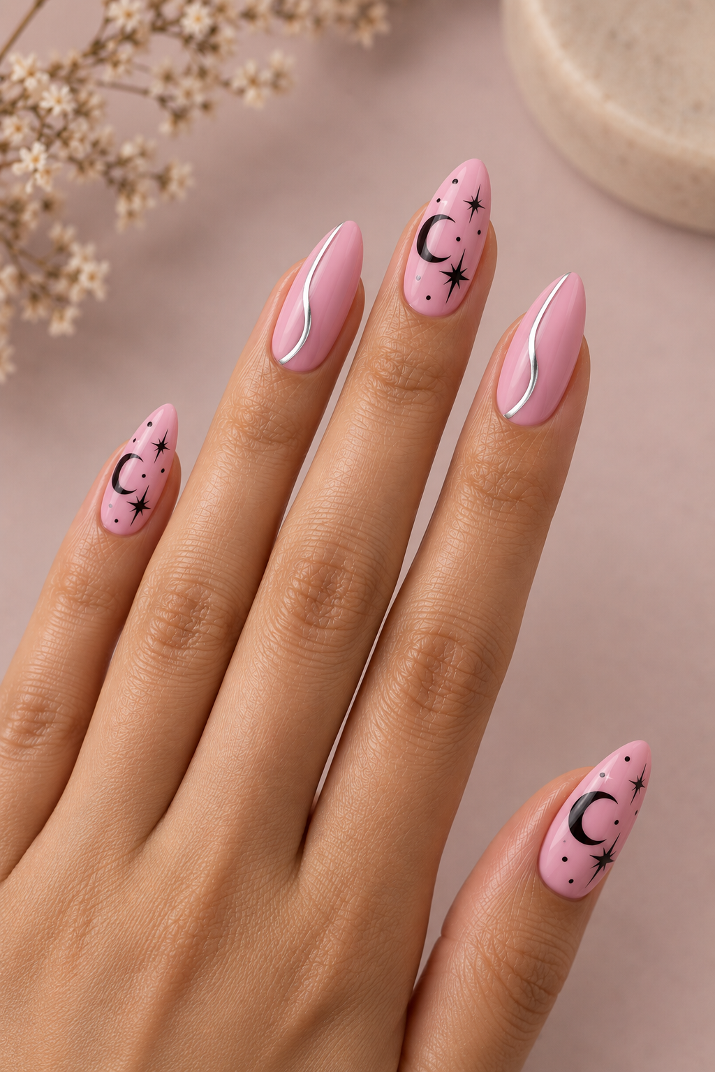 Fun Pink Halloween Moon Star Nails