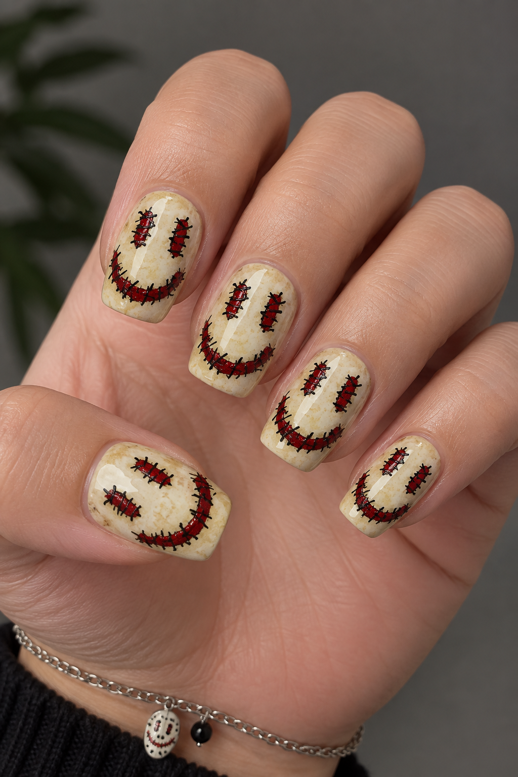 Ghost Stitched Smile Halloween Nails
