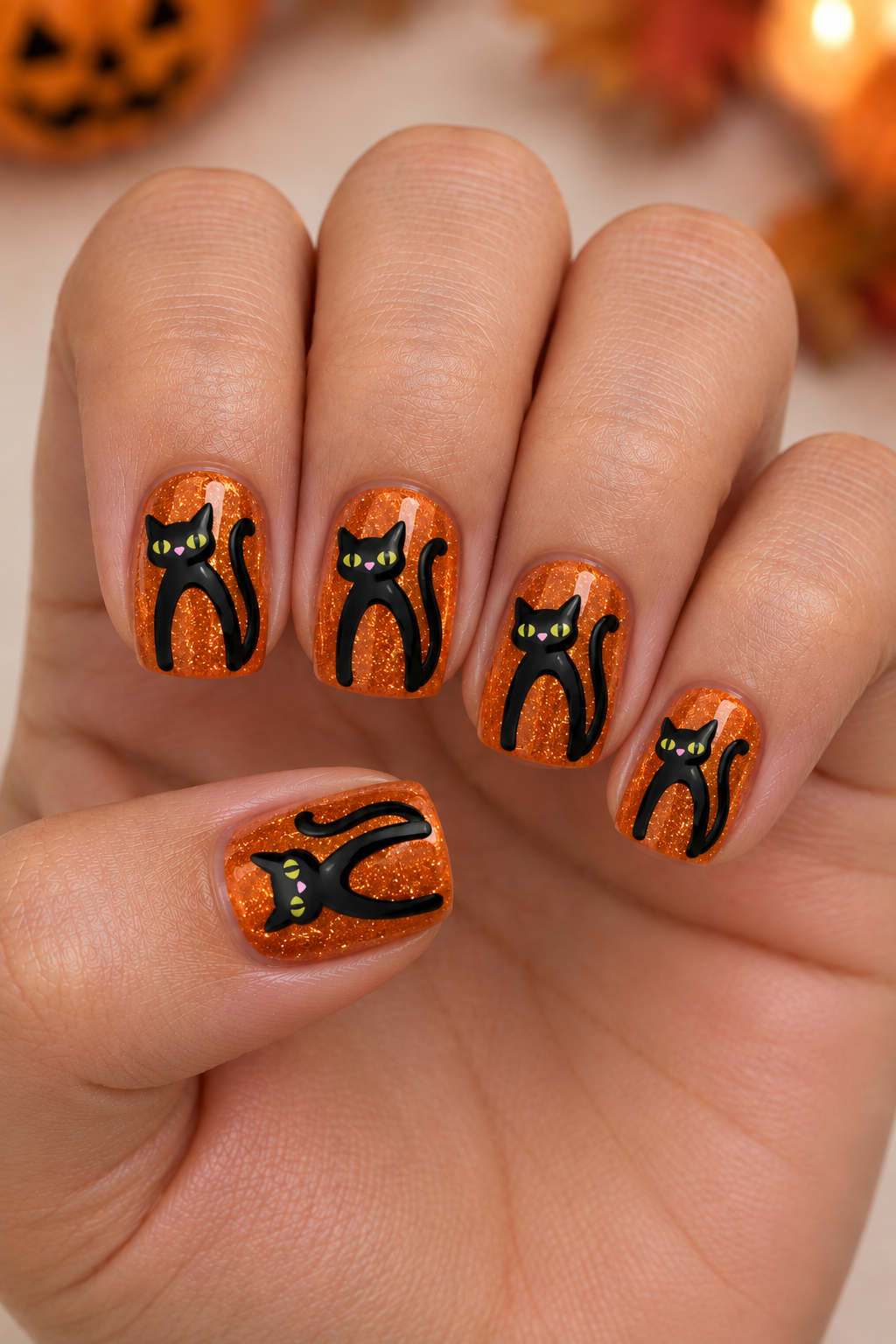 Glittery Black Cat Halloween Nails