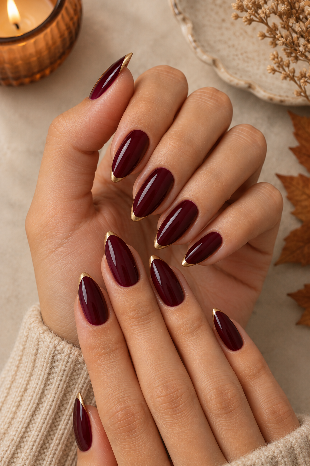 Glossy Maroon with Gold French Tips