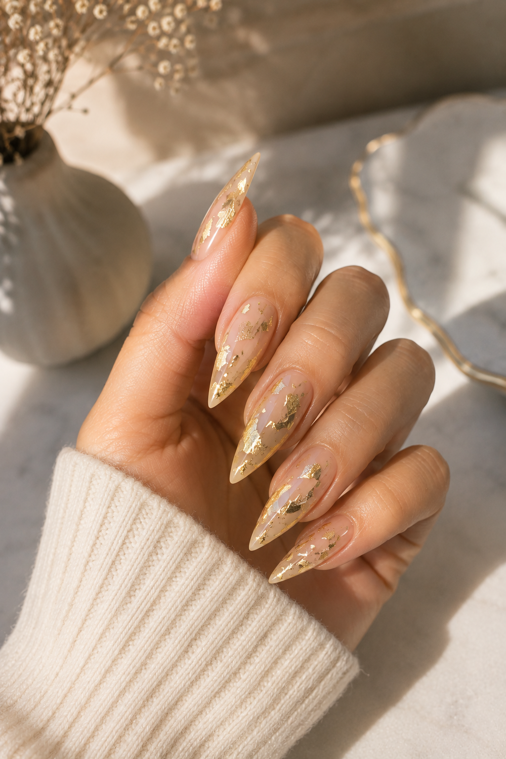 Gold Foil Accent Stiletto Nails