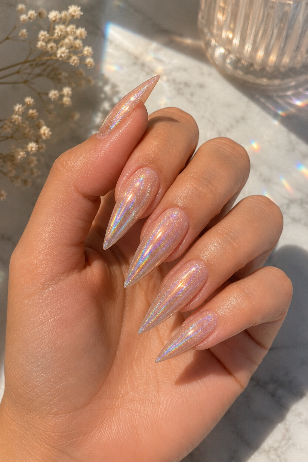 Holographic Mist Stiletto Nails