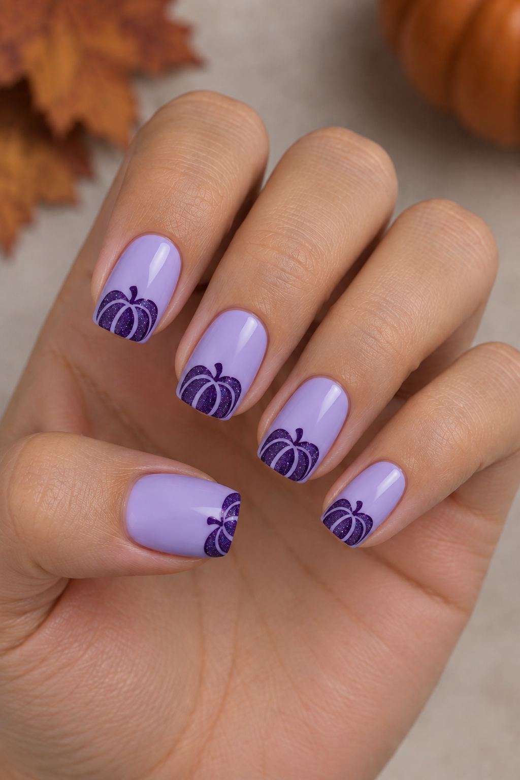 Lavender Glitter Pumpkin Tip Nails