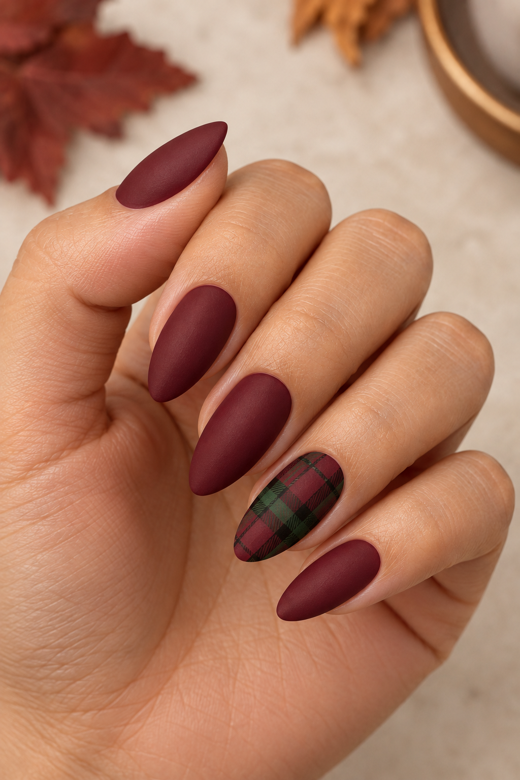 Maroon Plaid Accent Nail