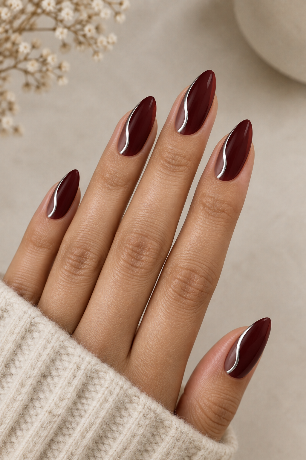 Maroon Silver Wave Nails