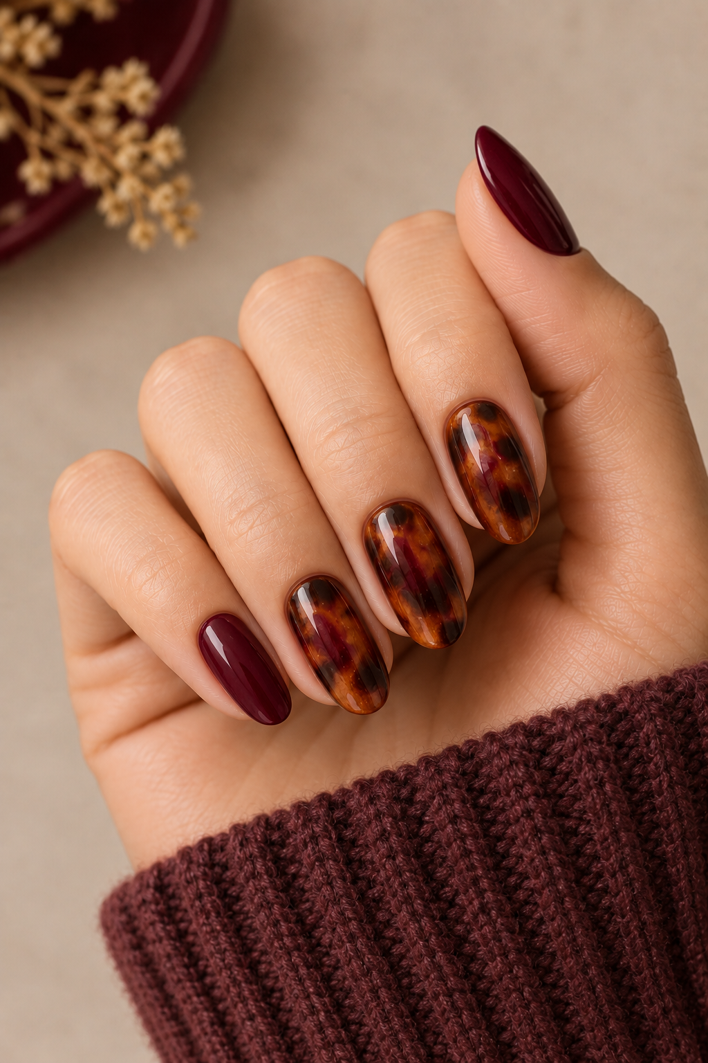 Maroon Tortoiseshell Nails