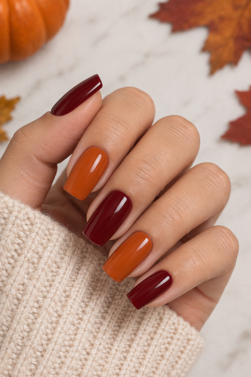 Maroon and Orange Alternating Nails