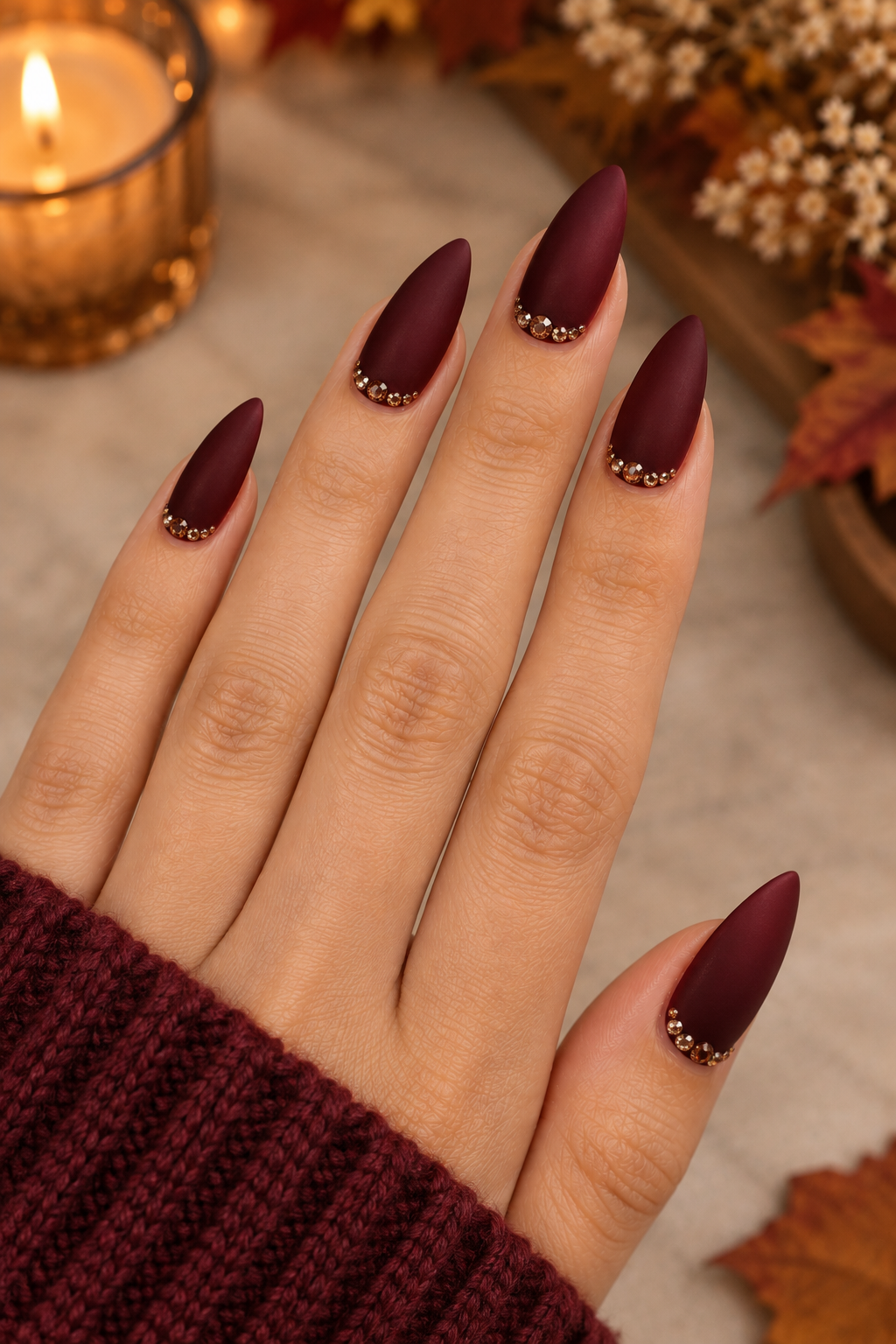 Maroon with Rhinestone Cuticle Line