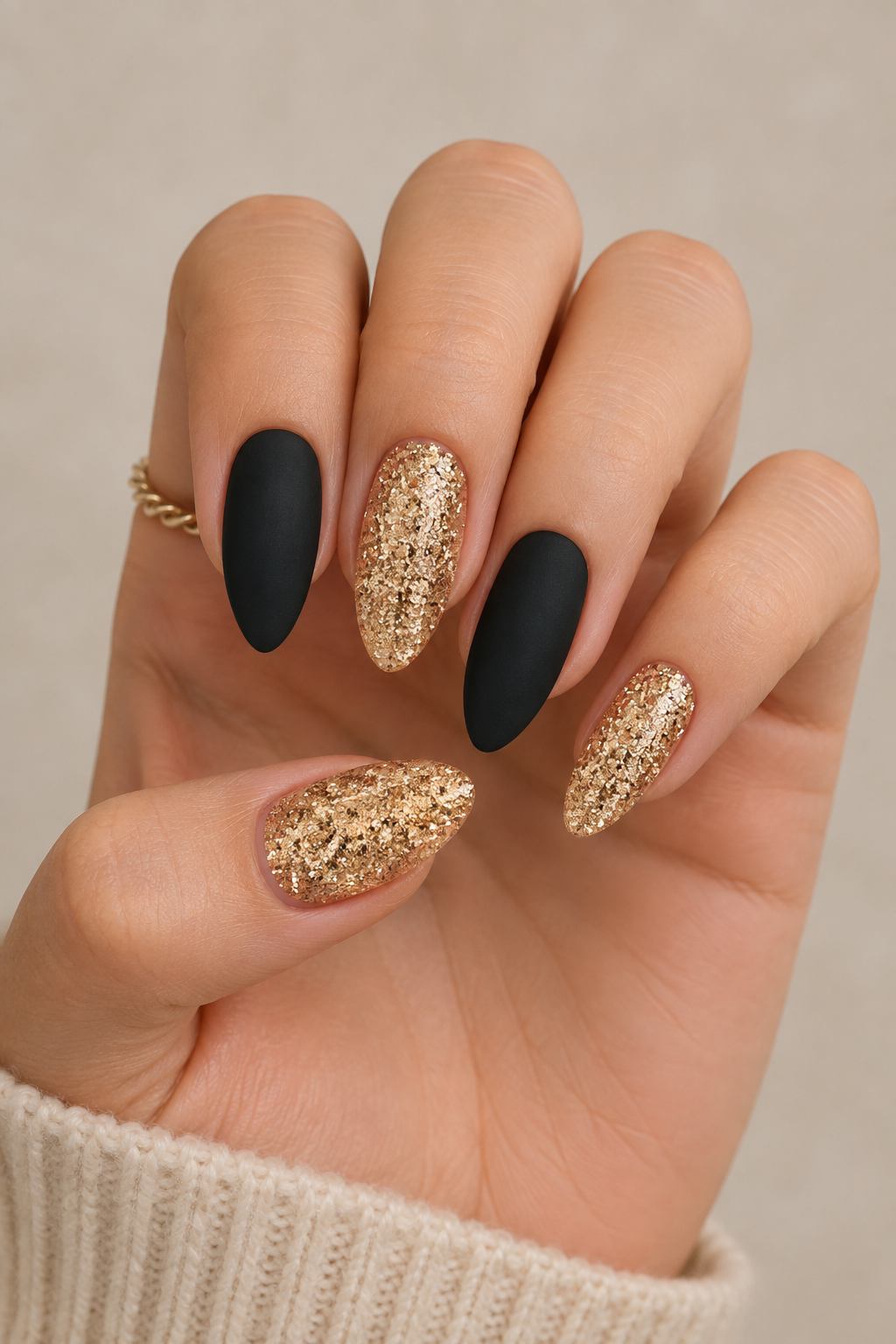 Matte Black and Gold Glitter Manicure