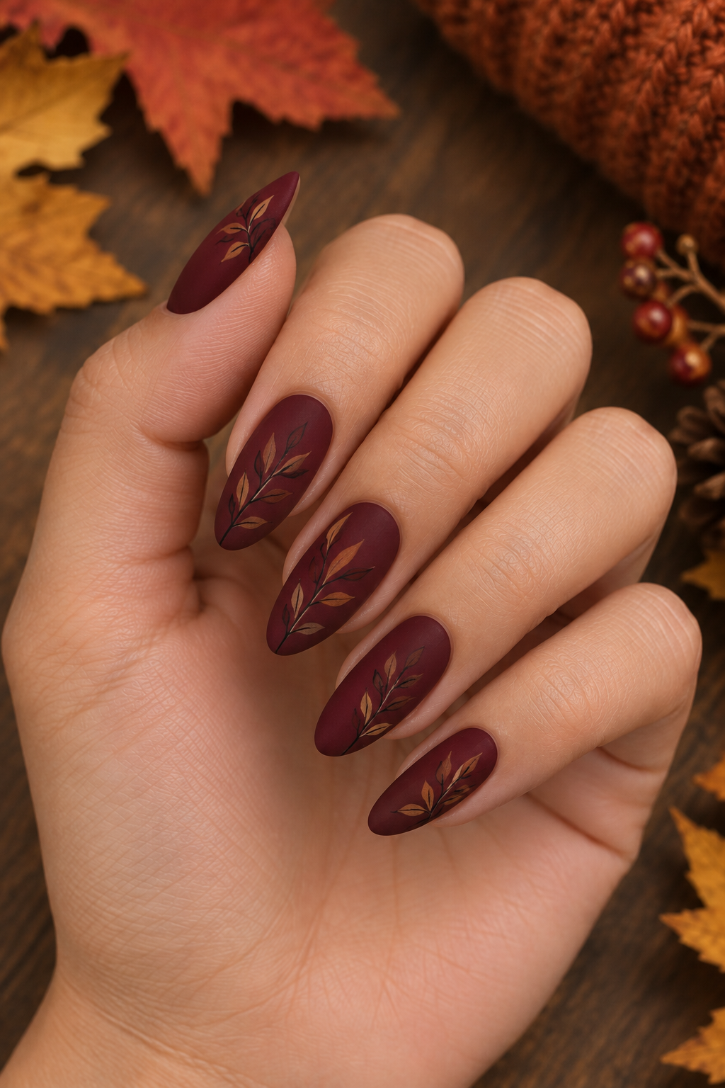 Matte Maroon with Botanical Leaf Linework
