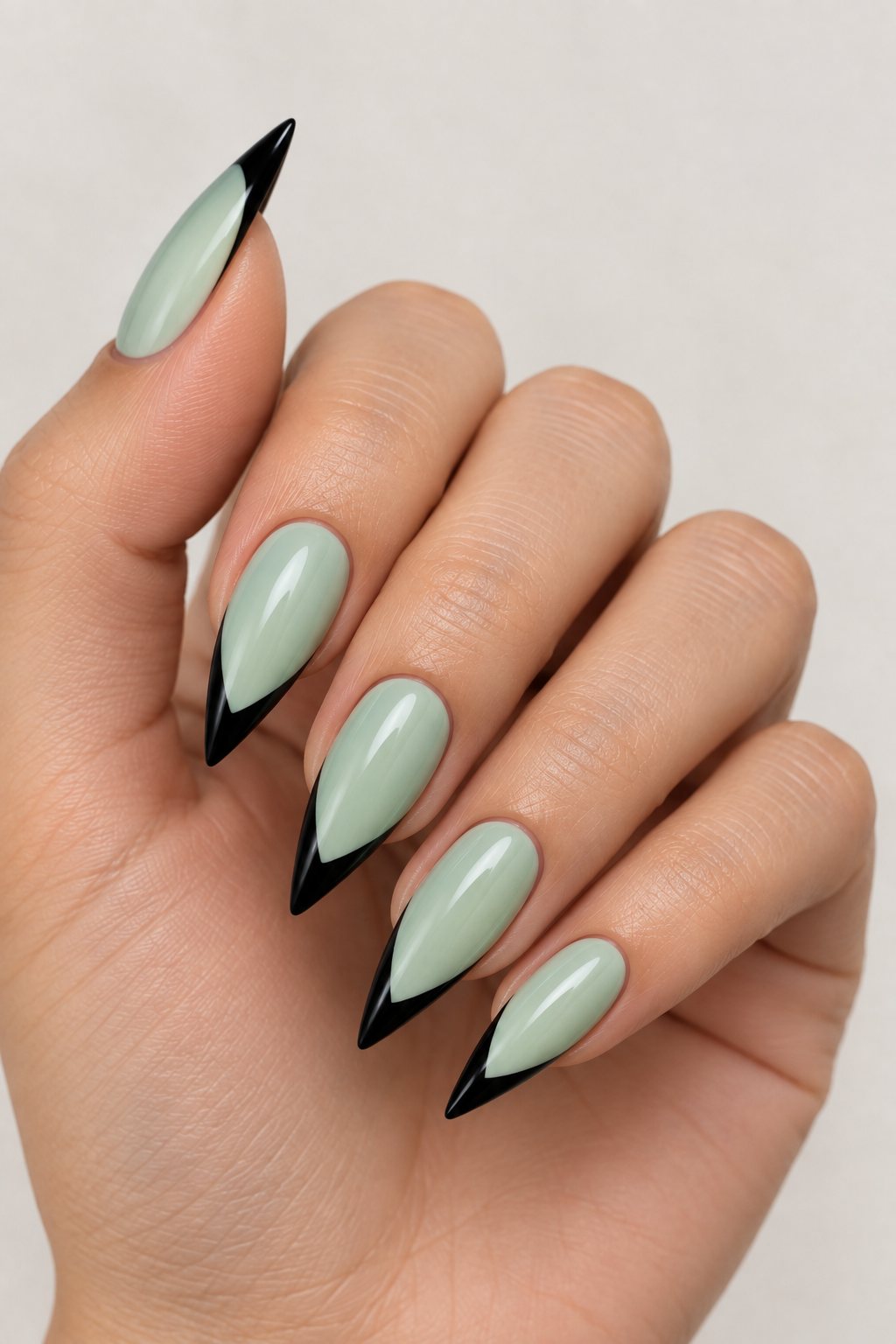 Mint Green & Black V-Tip Nails