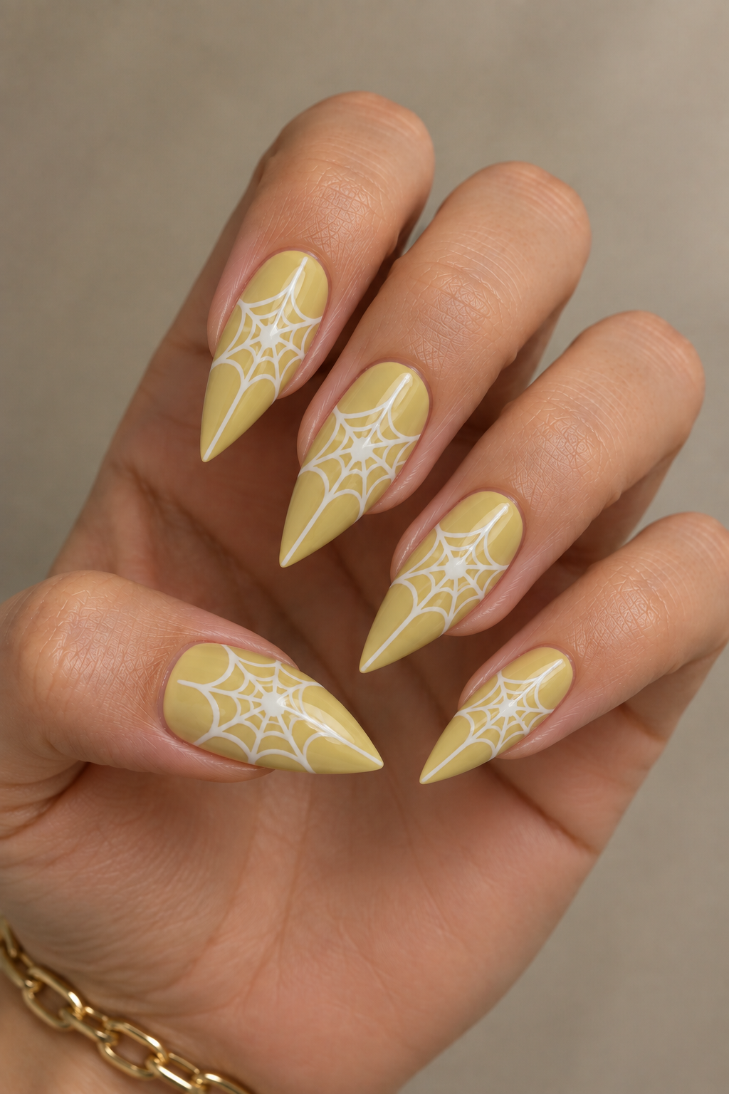 Mustard Spiderweb Halloween Nails