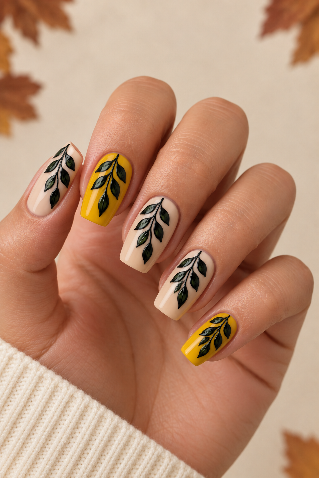 Mustard Yellow & Nude Botanical Leaf Nails