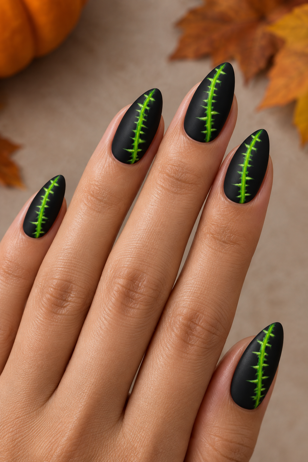 Neon Green Thorn Stitch Almond Nails