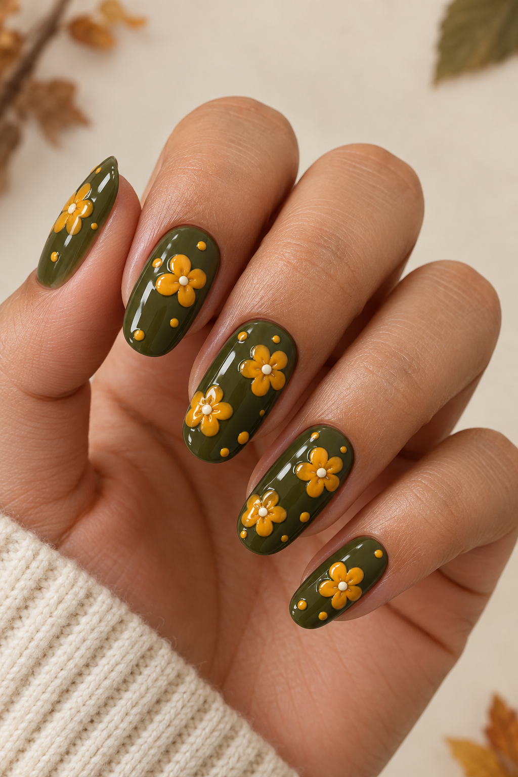 Olive Green & Mustard Floral Nails