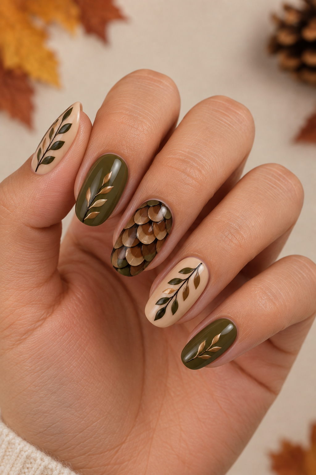 Olive Green & Nude Autumn Leaf Nails
