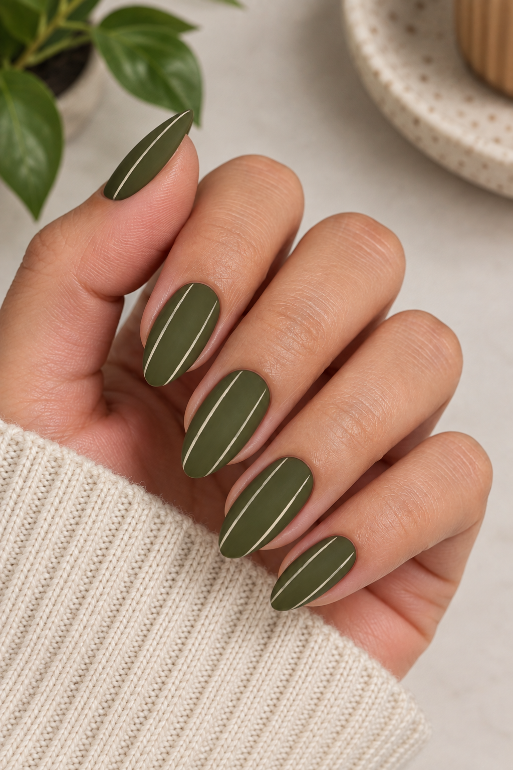 Olive Green Pinstripe Nails