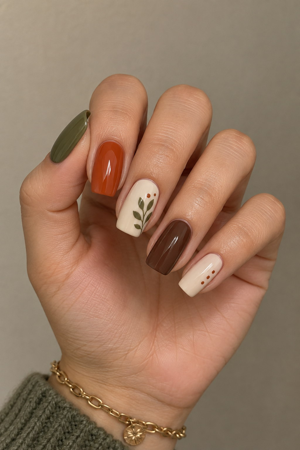 Olive Green & Rust Mismatched Nails